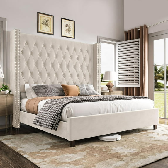 Amerlife Platform Bed Frame 61.4" Handmade Headboard Velvet Tall Upholstered Bed Deep Button Tufted for Bedroom, Easy Assembly