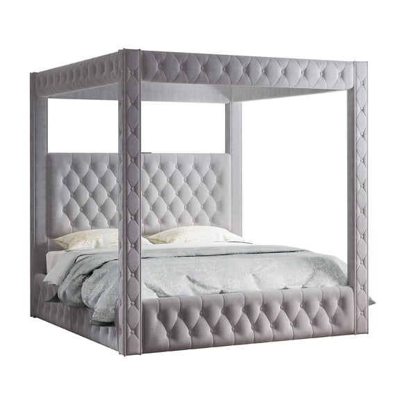 Amerlife Canopy Bed Frame with 74.8" Tall Four-Post Design, Modern Deep-Tufted Velvet Upholstered Headboard with Charging Station