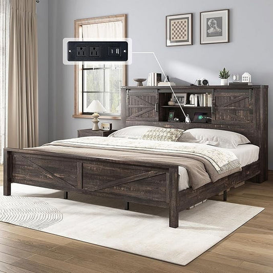 Amerlife 44" H Farmhouse Bed Frame with Barn Door Storage Headboard & Charging Station