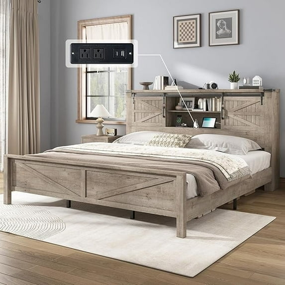 Amerlife 44" H Farmhouse Bed Frame with Barn Door Storage Headboard & Charging Station