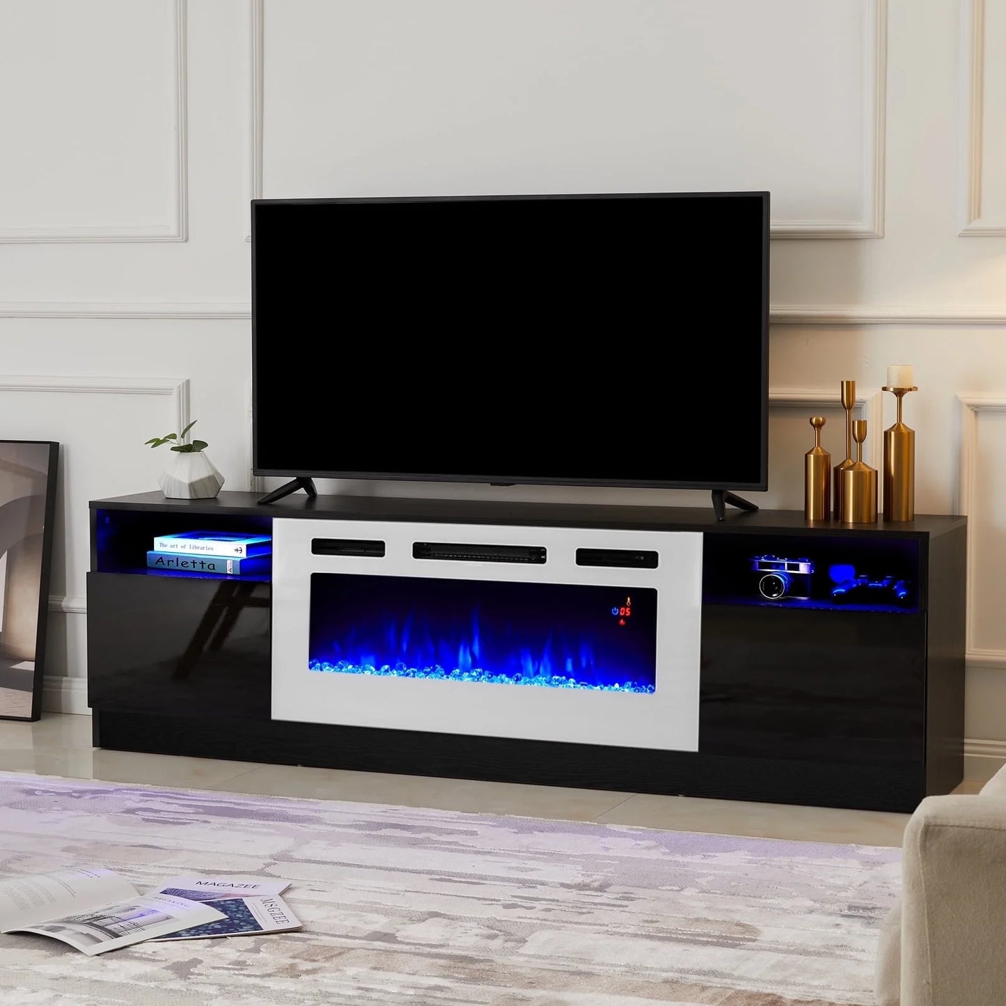 PLAUIN TV Stand with Fireplace, LED Light Entertainment Center for TVs