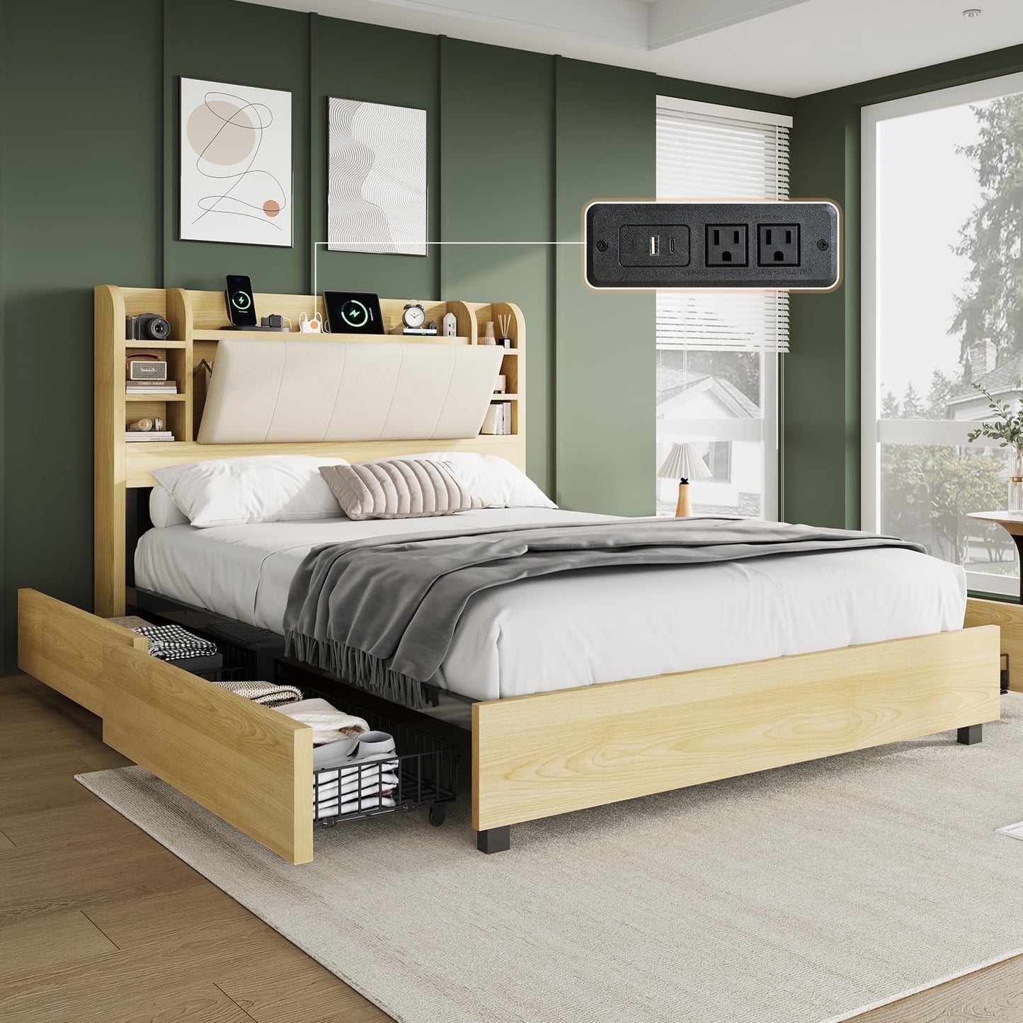 PLAUIN Bed Frame with Storage Drawers, 47.2" Headboard and Wooden Platform