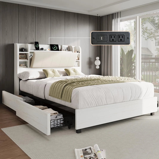 PLAUIN Bed Frame with Storage Drawers, 47.2" Headboard and Wooden Platform