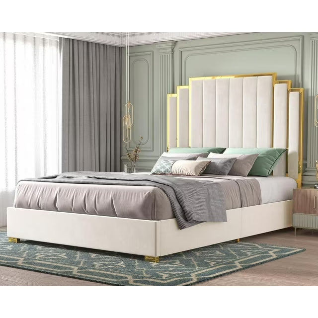 Amerlife Bed Frame with 61" Upholstered Headboard, Golden Trim, Modern Platform