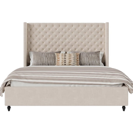 Amerlife Bed Frame with 65" Tall Headboard, Upholstered Wingback Platform Design, Solid Wood Legs