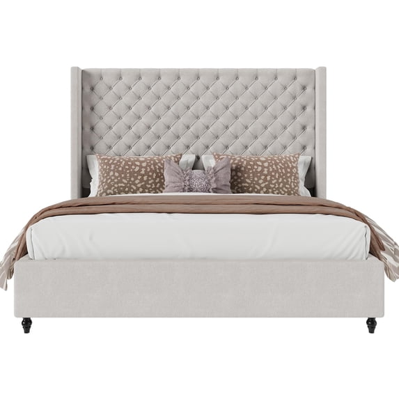 Amerlife Bed Frame with 63" Tall Headboard, Upholstered Wingback Platform Design, Solid Wood Legs