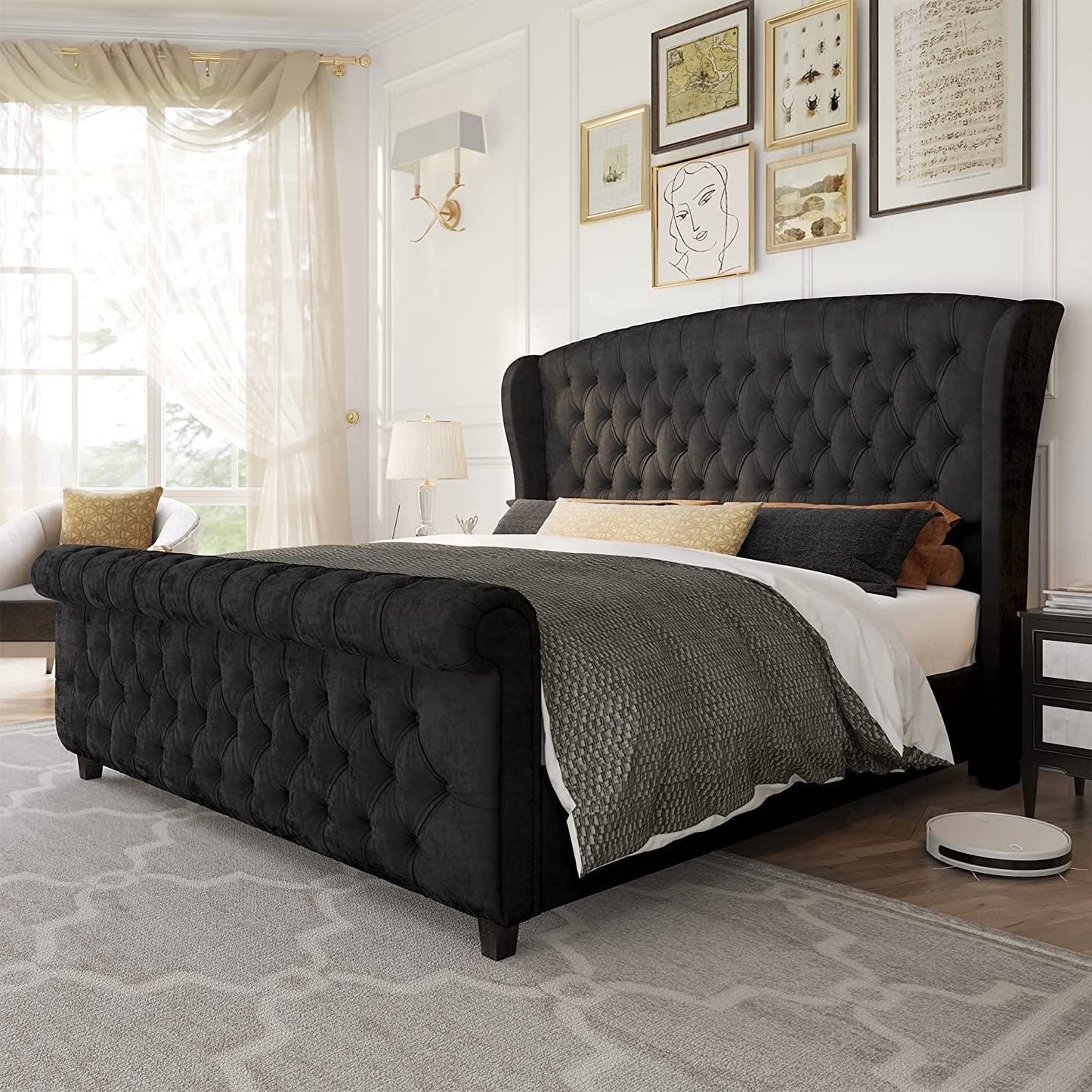 Amerlife Bed Frame with Chenille Upholstery, Scroll Wingback Headboard and Footboard