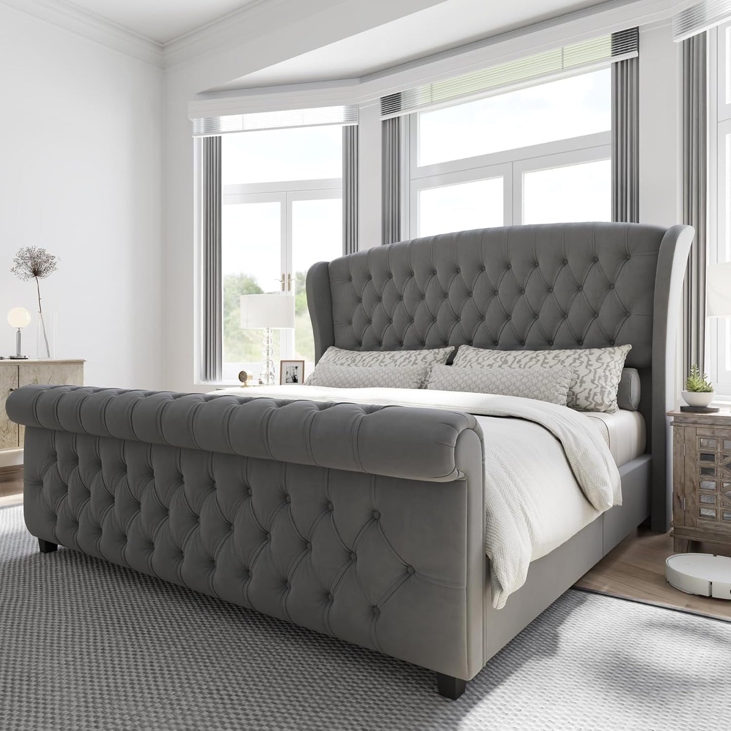 Amerlife Bed Frame with Chenille Upholstery, Scroll Wingback Headboard and Footboard
