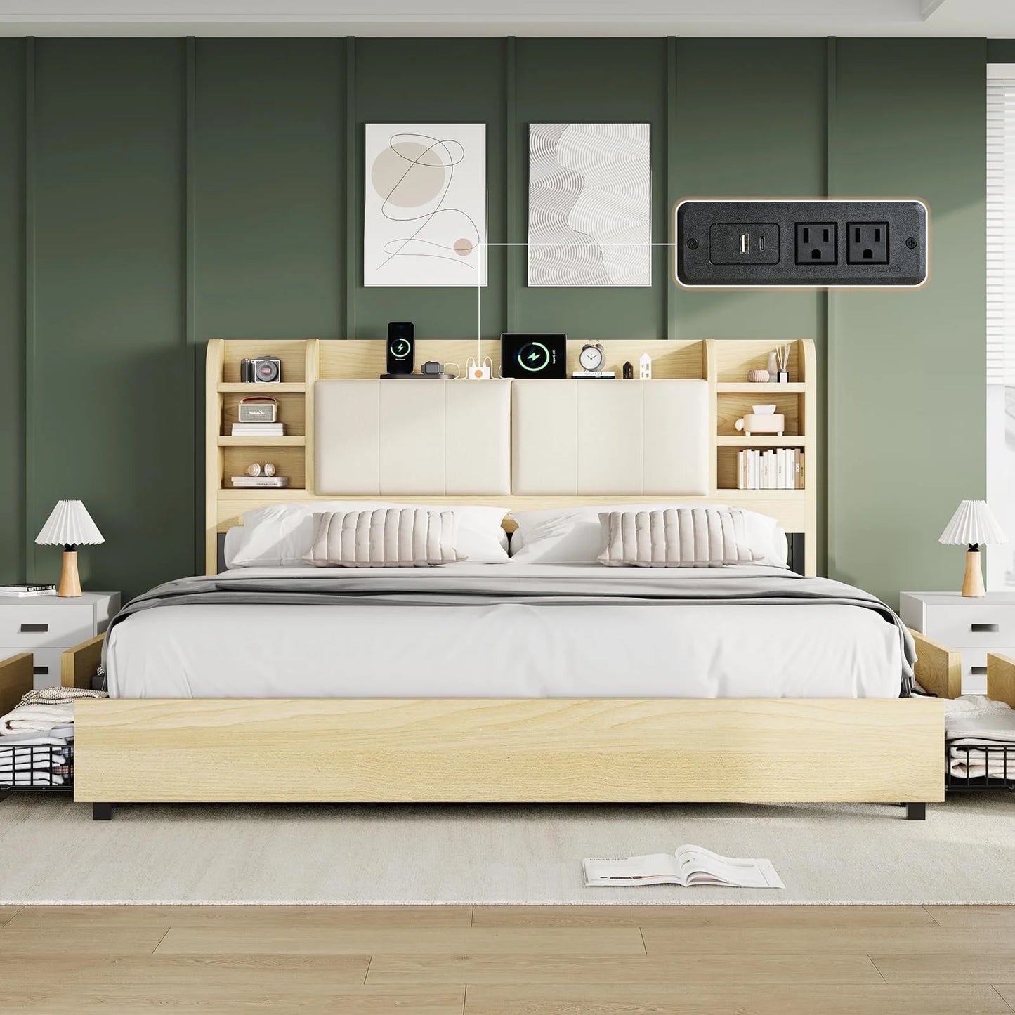 PLAUIN Bed Frame with Storage Drawers, 47.2" Headboard and Wooden Platform