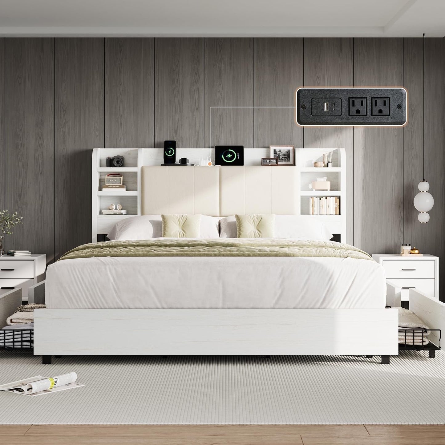 PLAUIN Bed Frame with Storage Drawers, 47.2" Headboard and Wooden Platform