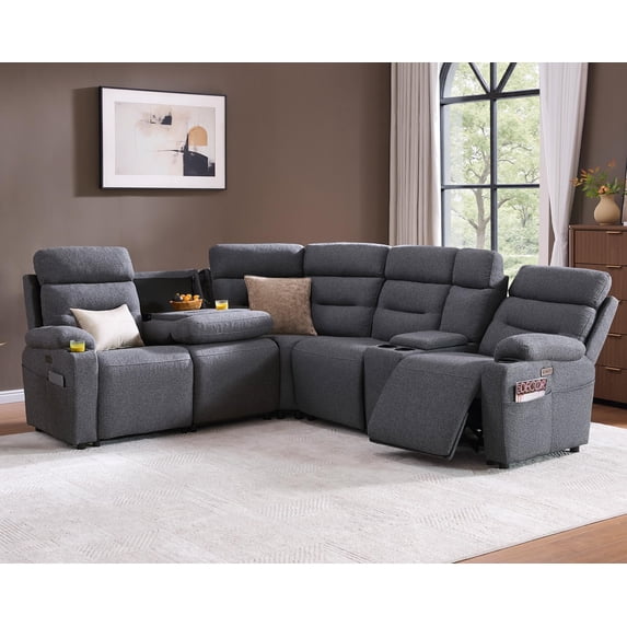 Amerlife L-Shaped Power Reclining Sectional Sofa, Dual Consoles, Dark Grey, Fixed and Flip-Back, Cup Holders, USB, Hidden Storage, Linen, Modular Seat