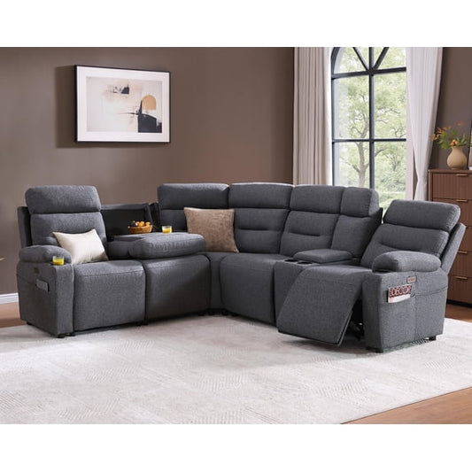 Amerlife L-Shaped Power Reclining Sectional Sofa, Dual Consoles, Dark Grey, Fixed and Flip-Back, Cup Holders, USB, Hidden Storage, Linen, Modular Seat