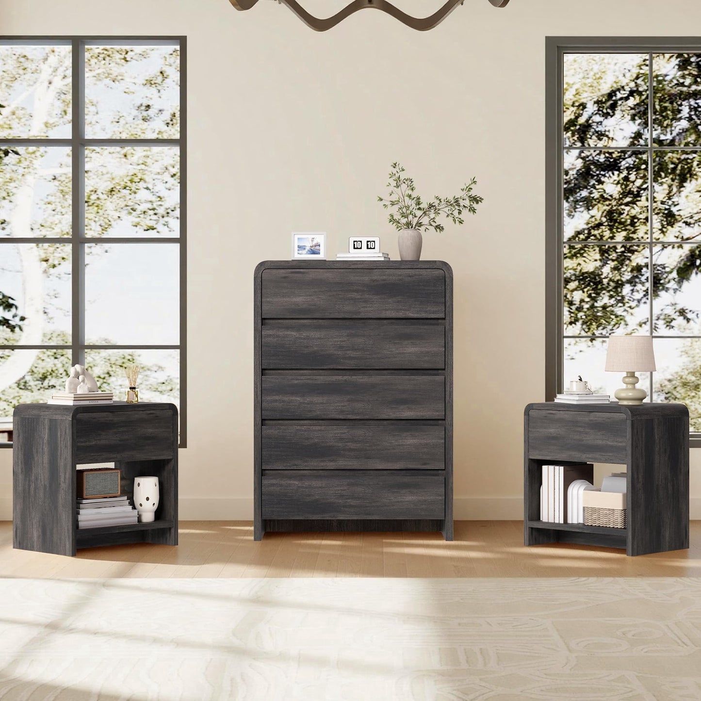 Amerlife Modern 3-Piece Bedroom Furniture Set with Drawer Dresser and Nightstands, Anti-Tip Kit Included