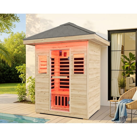 Amerlife Outdoor Sauna 4 Person, Infrared Saunas for Home, Spruce Wood Dry Sauna with Foot Warmer, 7-Color Light Therapy & Speakers