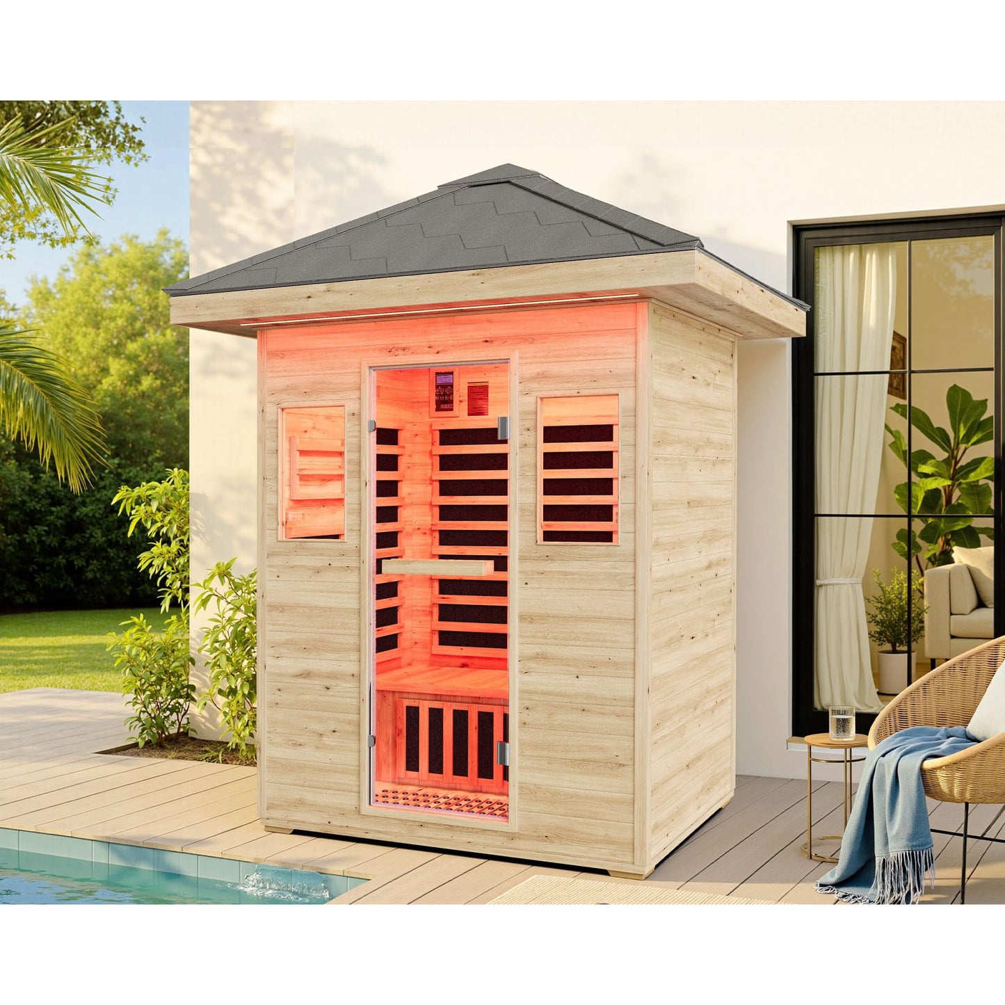 Amerlife Infrared Sauna 1 Person for Home, Spruce Wood Dry Sauna with Foot Warmer, Indoor Spa, 149℉ Fast Heating, LED Light