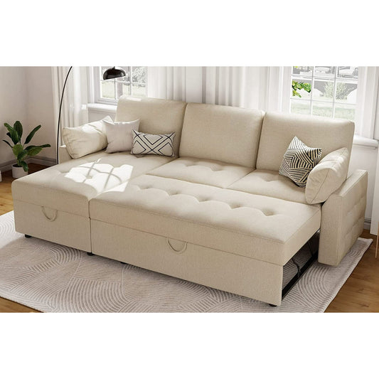 Pull Out Sofa Bed, Tufted Sleeper Sofa, L Shaped Couch with Storage Chaise, Chenille Beige