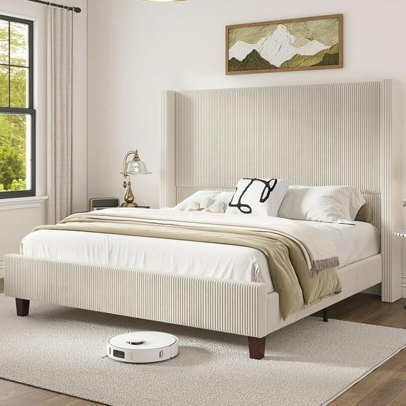 Amerlife Bed Frame, 61" Corduroy Upholstered Platform Bed with Vertical Stripe Wingback Headboard, Solid Wood Slats, Noise-Free