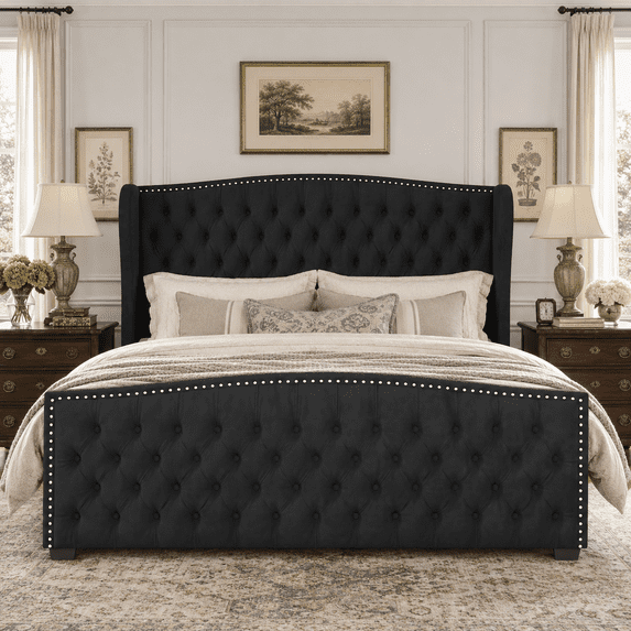 Amerlife Bed Frame with Velvet Upholstery, Tufted Wingback Headboard and Nailhead Trim