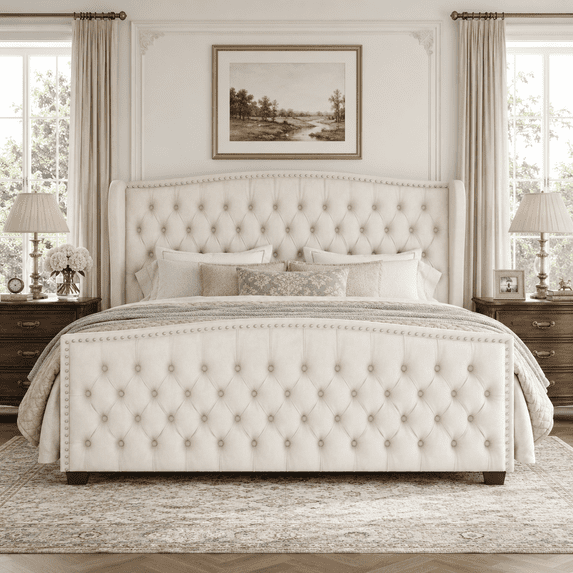 Amerlife Bed Frame with Velvet Upholstery, Tufted Wingback Headboard and Nailhead Trim