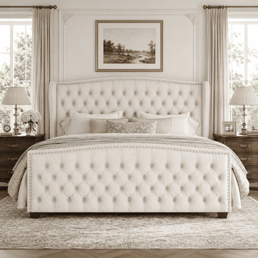 Amerlife Bed Frame with Velvet Upholstery, Tufted Wingback Headboard and Nailhead Trim