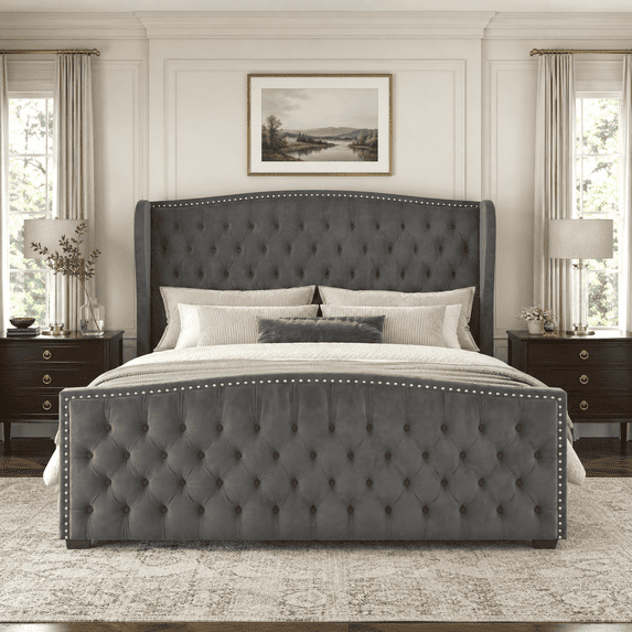 Amerlife Bed Frame with Velvet Upholstery, Tufted Wingback Headboard and Nailhead Trim