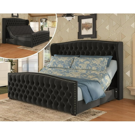 Amerlife Bed Frame with 51" Velvet Upholstered Headboard, Adjustable Dual Motor