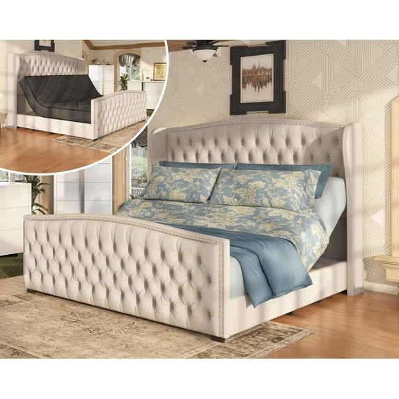Amerlife Bed Frame with 51" Velvet Upholstered Headboard, Adjustable Dual Motor