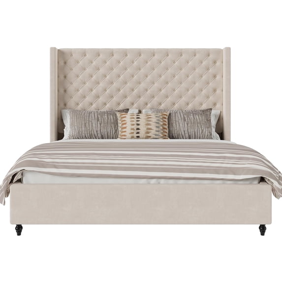 Amerlife Bed Frame with 63" Tall Headboard, Upholstered Wingback Platform Design, Solid Wood Legs