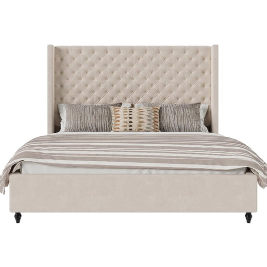 Amerlife Bed Frame with 63" Tall Headboard, Upholstered Wingback Platform Design, Solid Wood Legs