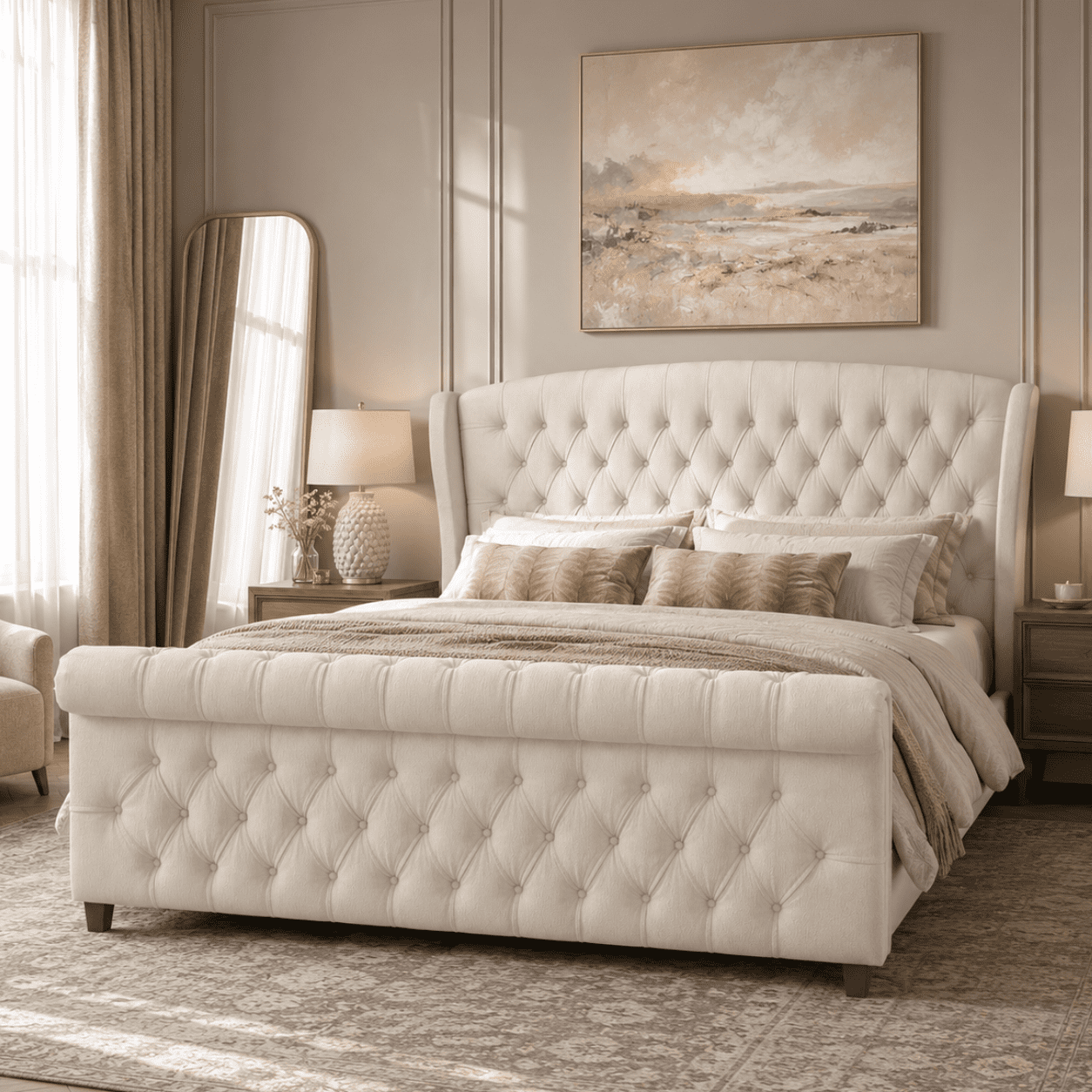 Amerlife Bed Frame with Chenille Upholstery, Scroll Wingback Headboard and Footboard