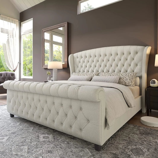 Amerlife Bed Frame with Chenille Upholstery, Scroll Wingback Headboard and Footboard