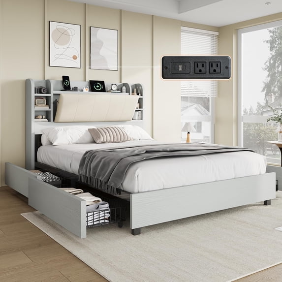 amerlife Bed Frame with 4 Storage Drawers with 47.2" Bookcase Headboard, Charging Station