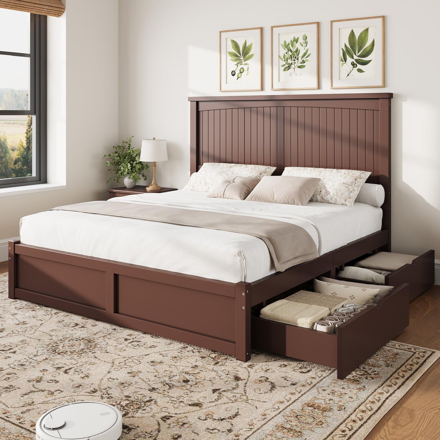 Amerlife Solid Wood Bed Frame with 50" Tall Headboard, Mid-Century Modern Bed with, Wooden Platform Bed with 2 Drawers