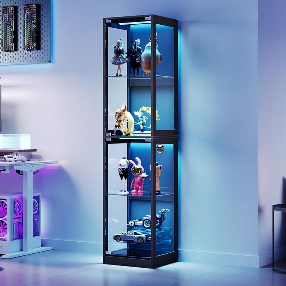 Amerlife Rgb Display Cabinet with Adjustable Shelves, 4-Tier Storage Case with Led Lights, Modern Shelf for Collectibles, Black 70" H×16" L×16" D