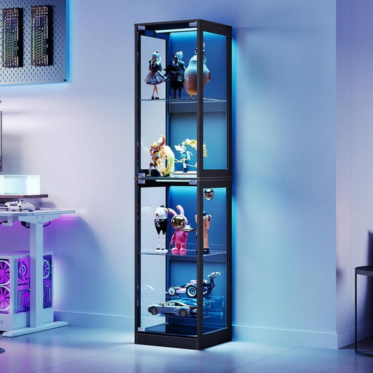 Amerlife Rgb Display Cabinet with Adjustable Shelves, 4-Tier Storage Case with Led Lights, Modern Shelf for Collectibles, Black 70" H×16" L×16" D