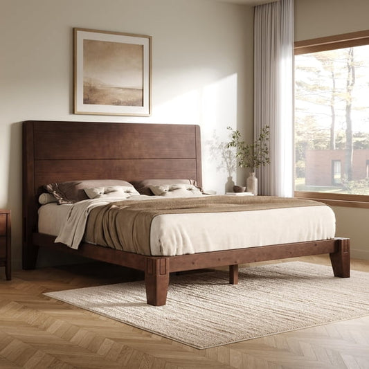 Amerlife Solid Wood Queen Bed Frame with Headboard, Japanese Joinery, Walnut, Mortise-and-Tenon Joinery, Minimalist Modern Style