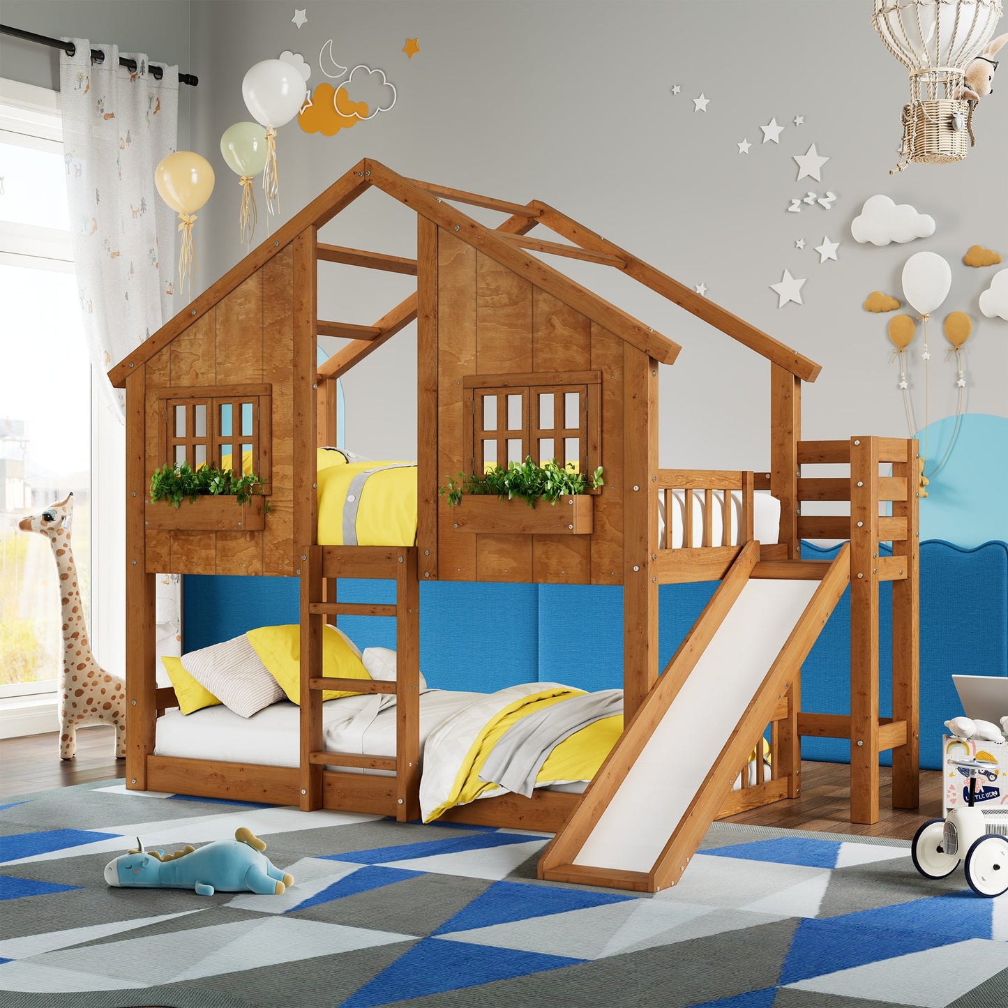 Amerlife Twin over Twin House Bunk Bed with Slide and Ladder, Solid Wood Frame, Window Box Shelf, 14" Guardrail