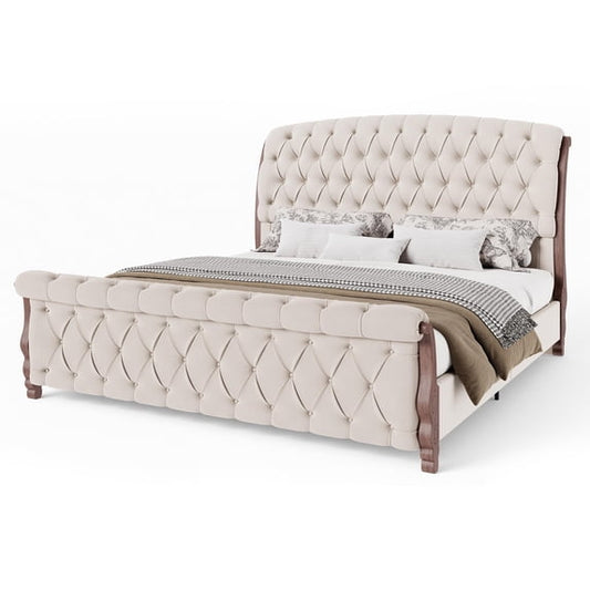 Amerlife Upholstered Bed Frame, 53" Tall Sleigh Bed with Button Tufted Chenille Headboard and Footboard, with Carved Solid Wood Legs