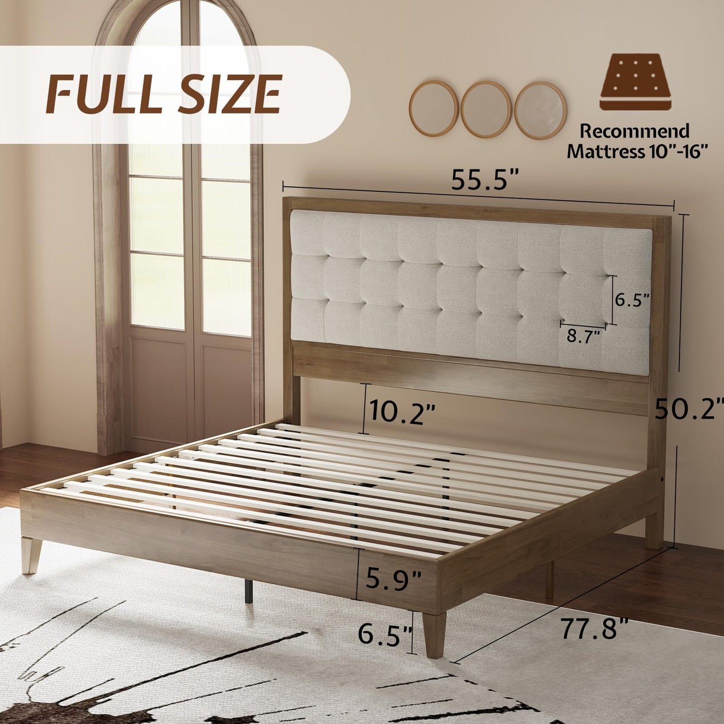 Jocisland Wood Full Size Bed Frame,Tall Upholstered Tufted Headboard, Solid Wood Platform, No Box Spring Needed, Ash Gray