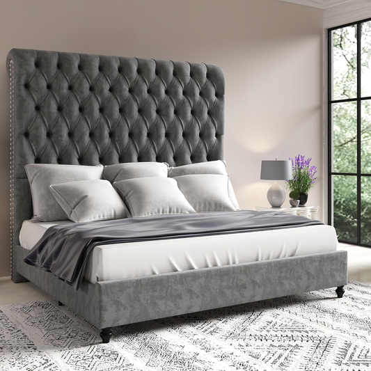 Jocisland Queen Size Platform Bed Frame with 60" Tall Sleigh Headboard, Luxury Velvet Upholstered Bed, Handcrafted Deep Button Tufted, Solid Wood Legs, Noise-Reducing, No Box Spring Needed,Light Gray