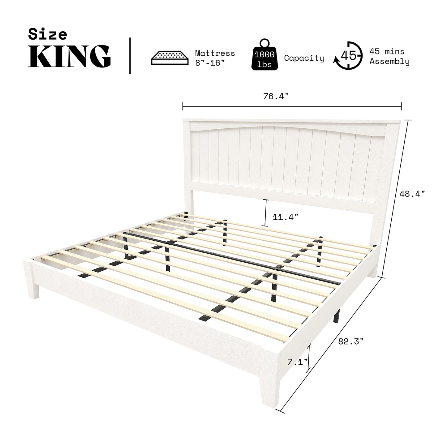 AMERLIFE 48.4" Solid Wood Bed Frame, Mid Century Modern Platform Bed with Arched Lines Headboard, No Box Spring Needed/Noise Free