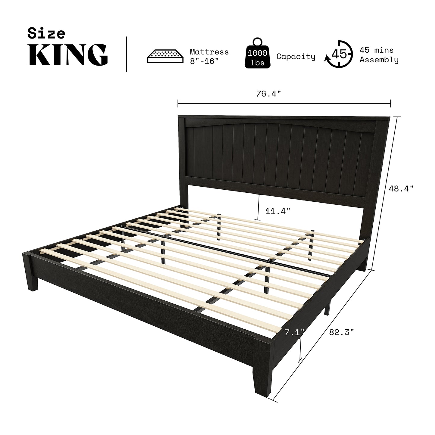 AMERLIFE 48.4" Solid Wood Bed Frame, Mid Century Modern Platform Bed with Arched Lines Headboard, No Box Spring Needed/Noise Free