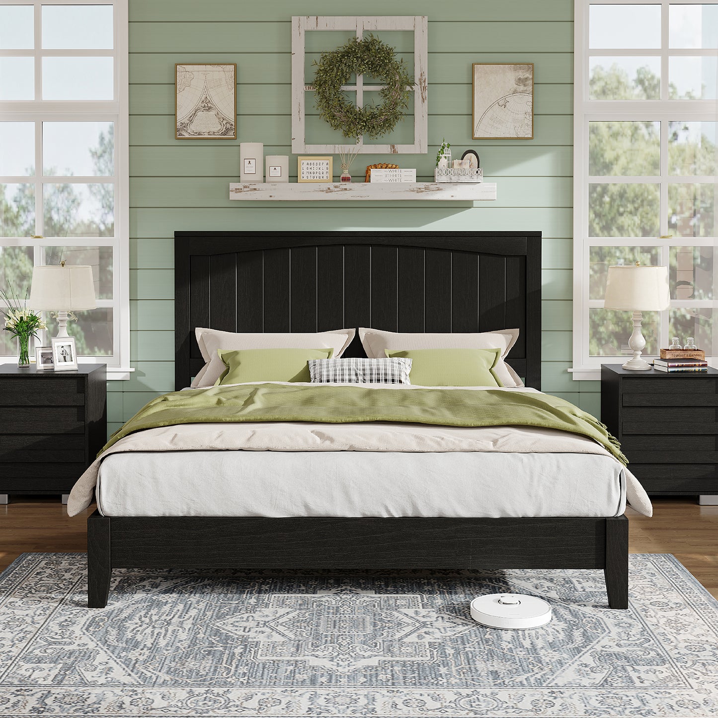 AMERLIFE 48.4" Solid Wood Bed Frame, Mid Century Modern Platform Bed with Arched Lines Headboard, No Box Spring Needed/Noise Free