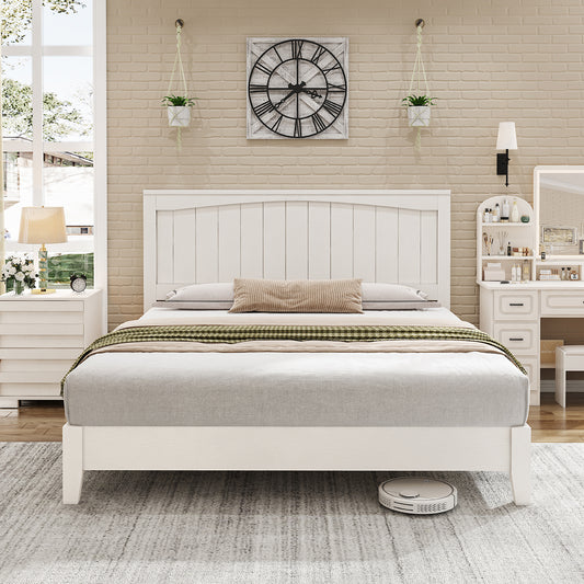 AMERLIFE 48.4" Solid Wood Bed Frame, Mid Century Modern Platform Bed with Arched Lines Headboard, No Box Spring Needed/Noise Free