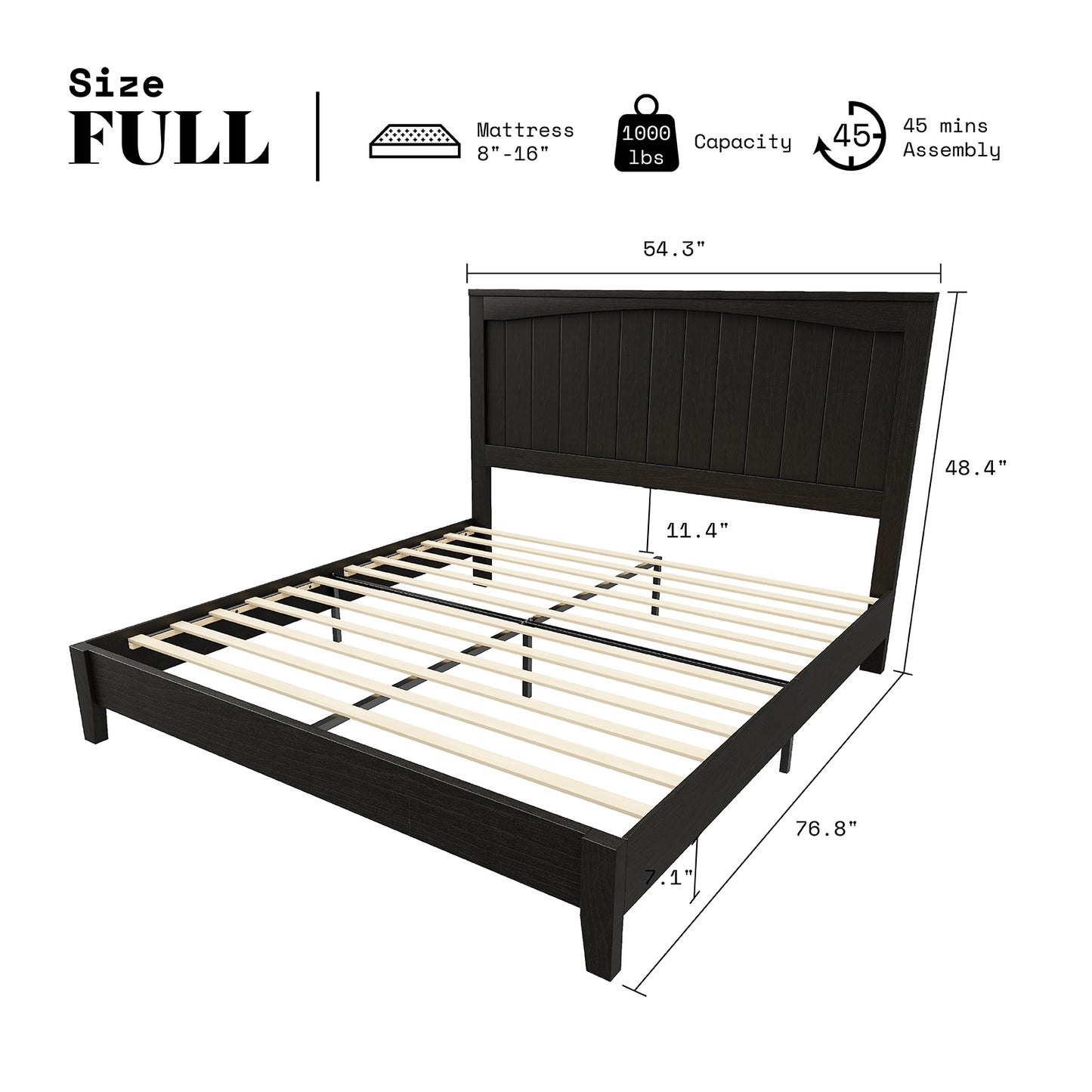 AMERLIFE 48.4" Solid Wood Bed Frame, Mid Century Modern Platform Bed with Arched Lines Headboard, No Box Spring Needed/Noise Free