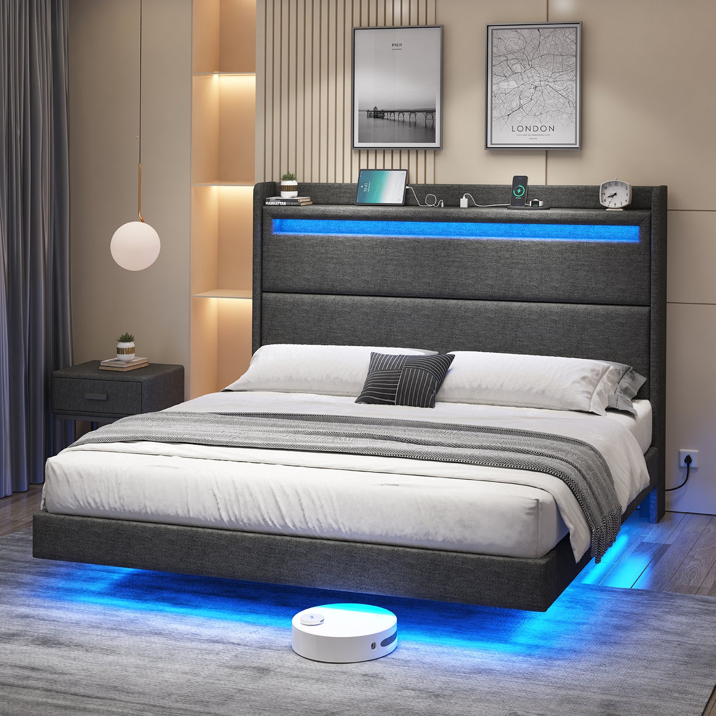 Bed Frame with Floating, Upholstered Platform Bed with Storage Wingback Headboard & Charing Station,  LED Lights，No Box Spring