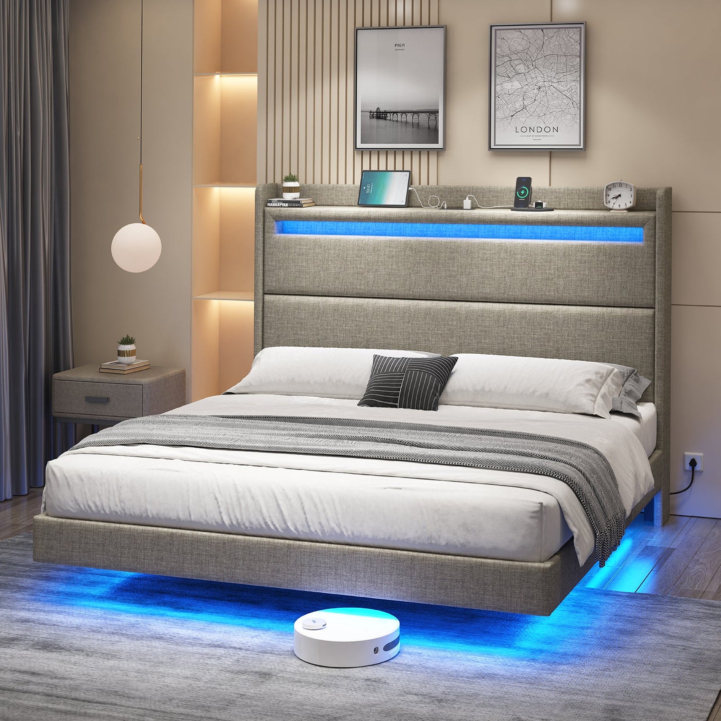 Bed Frame with Floating, Upholstered Platform Bed with Storage Wingback Headboard & Charing Station,  LED Lights，No Box Spring