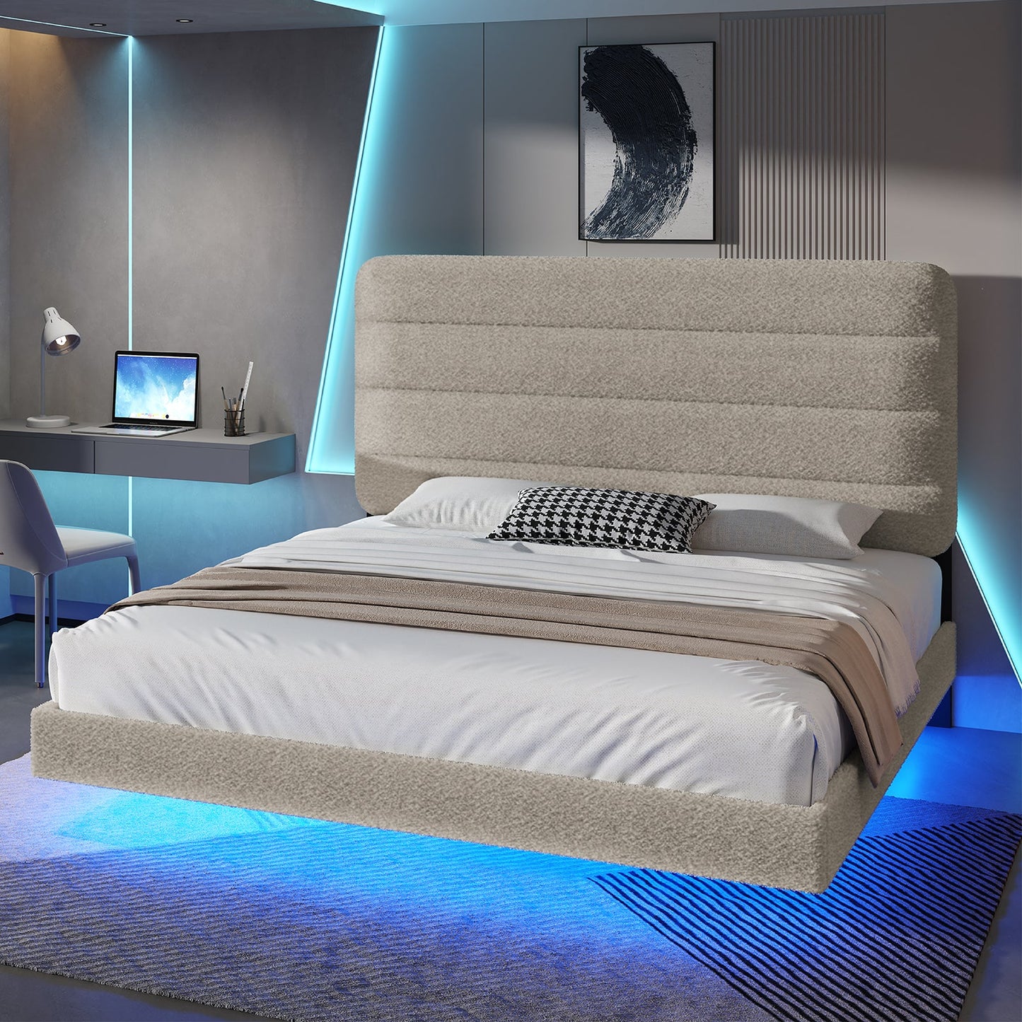 Floating Bed Frame with Adjustable Headboard, Upholstered Platform Bed with LED Lights, Easy Assembly,No Box Spring Needed