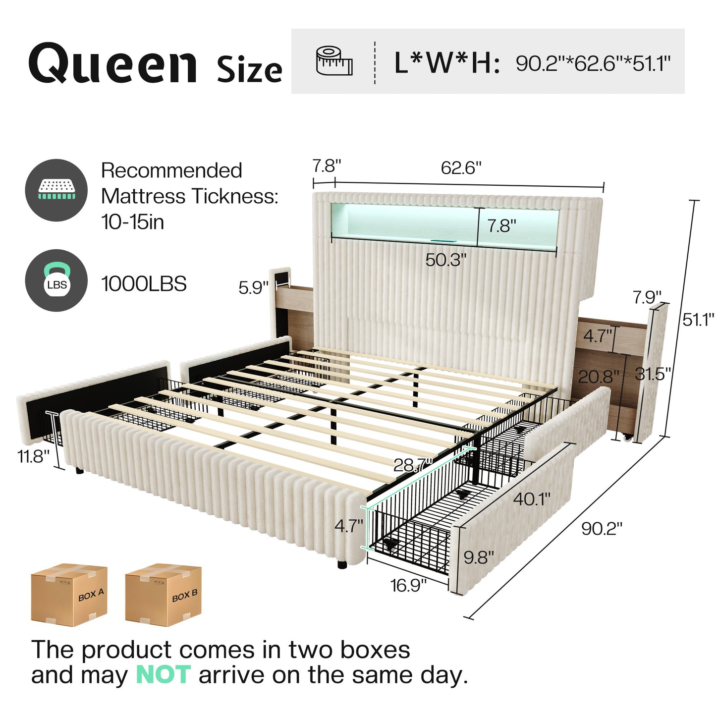 Jocisland Queen Size Storage Bed Frame with 51.2" Tall Upholstered Headboard, Built-in 6 Drawers & Bookcase, USB Ports & RGB LED Lights, No Box Spring Needed,Cream