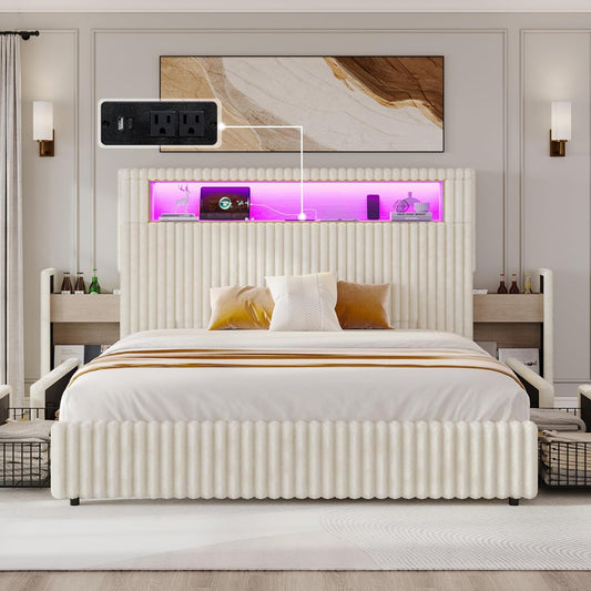 Jocisland Queen Size Storage Bed Frame with 51.2" Tall Upholstered Headboard, Built-in 6 Drawers & Bookcase, USB Ports & RGB LED Lights, No Box Spring Needed,Cream